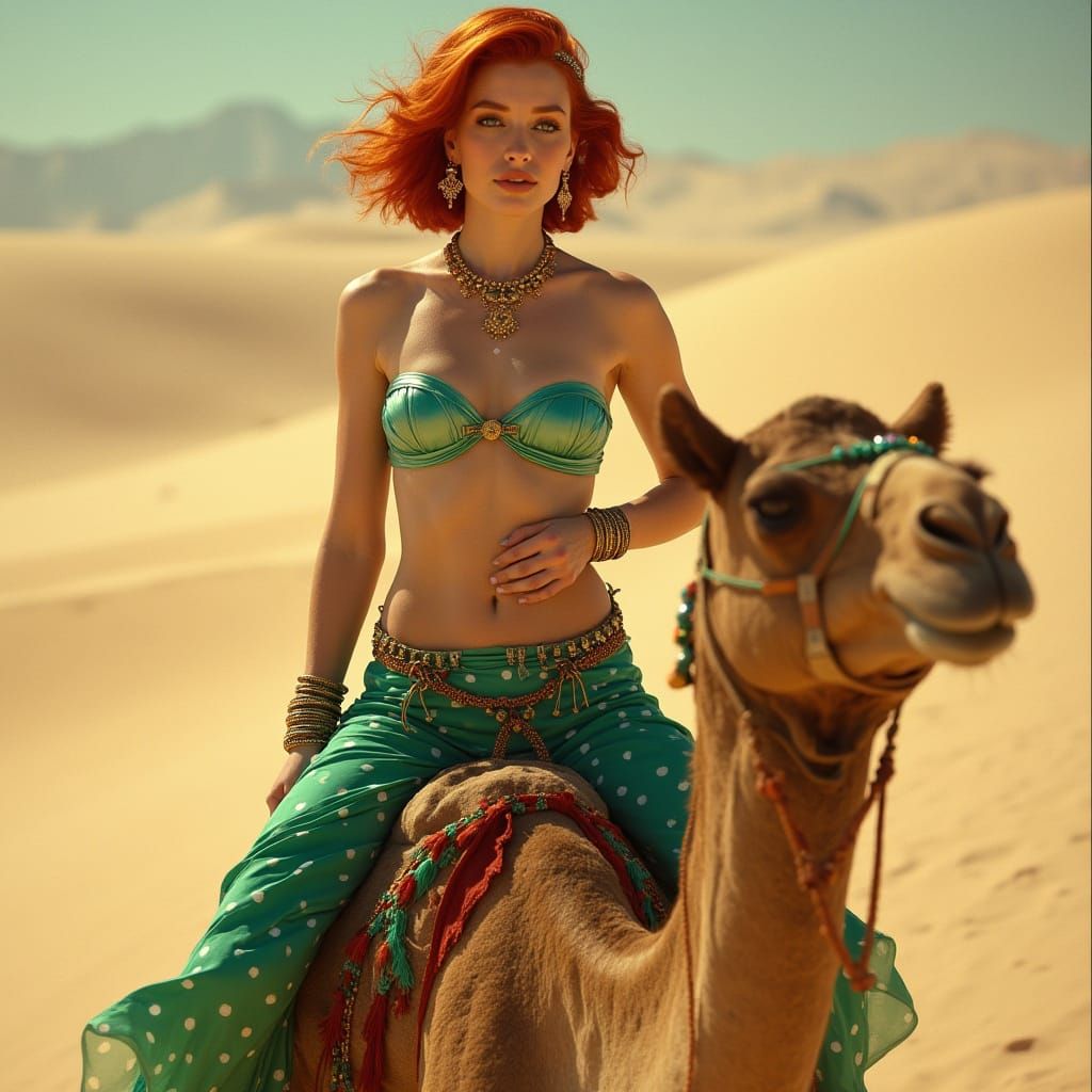 Glamorous Redhead Rides a Camel in Desert Oasis, Art Deco St...