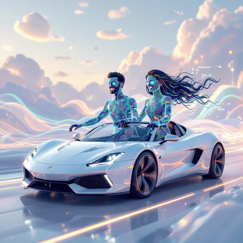 Joyful Couple of Code Beings in Digital Paradise