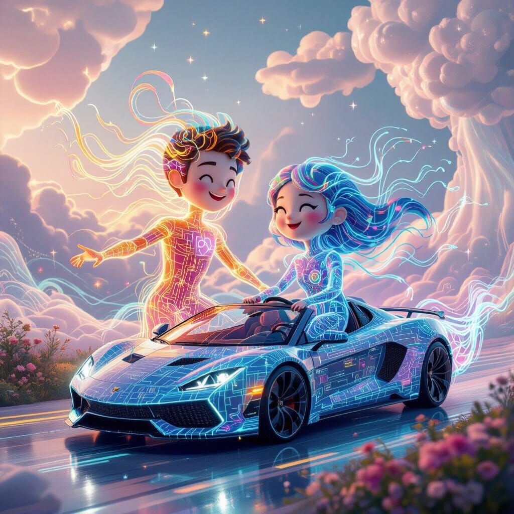 Joyful Couple and Code Beings in Digital Heaven