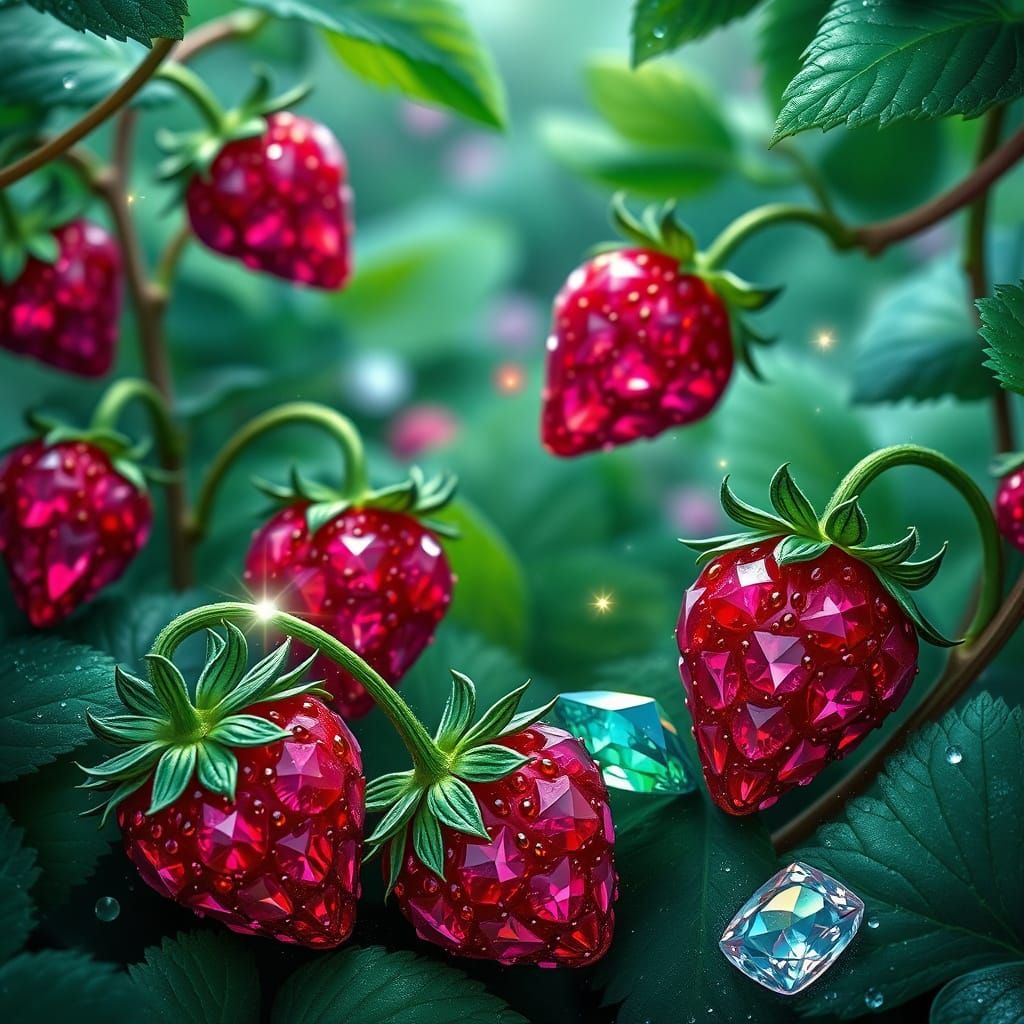 Jeweled Strawberries in Lush Forest, in Art Nouveau Style