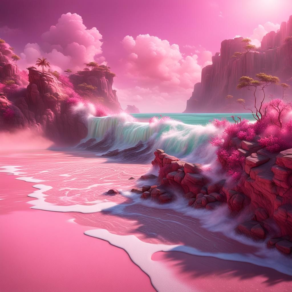 Pink Sand Beach in Detailed Matte Painting Style