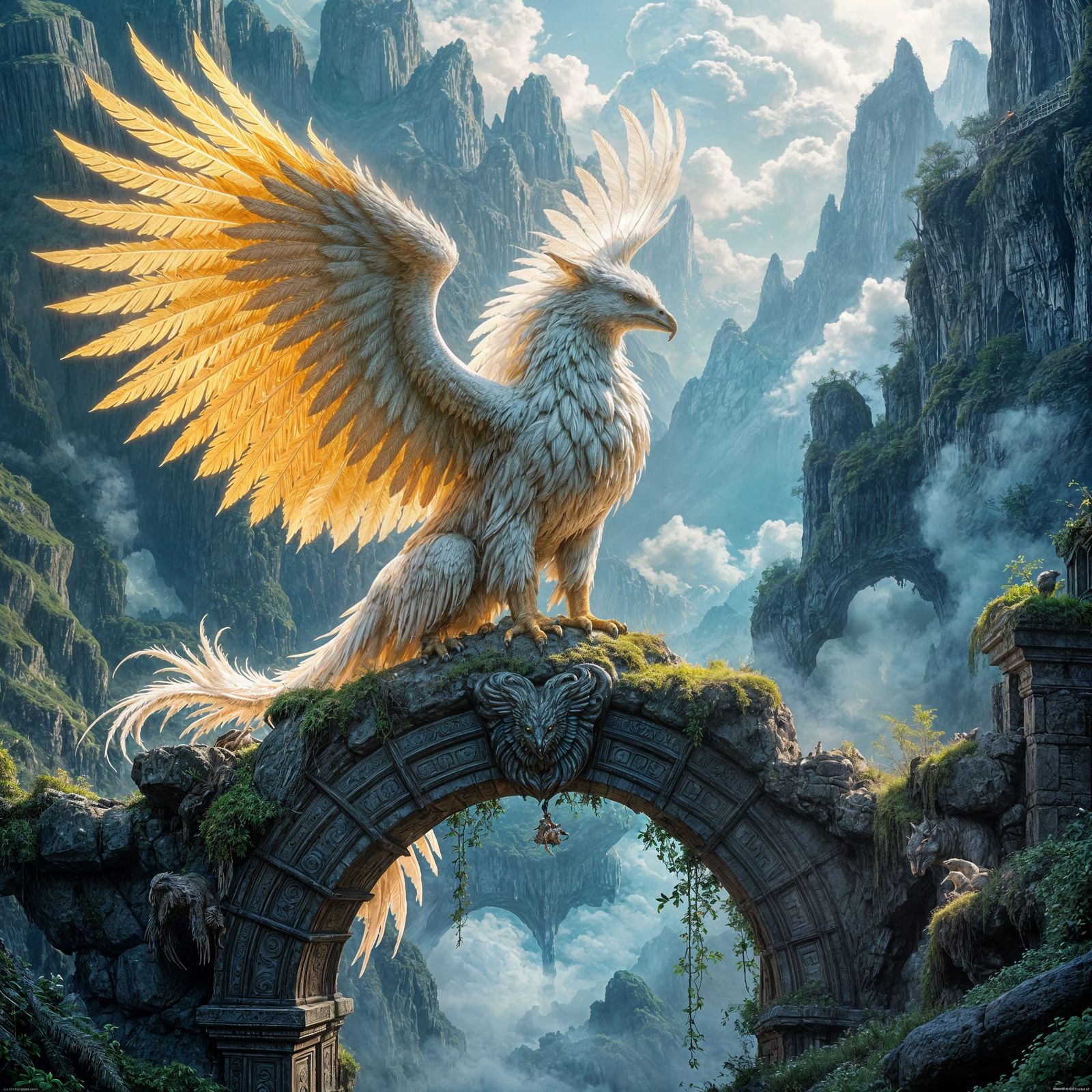Golden Griffin Perched Atop Stone Archway