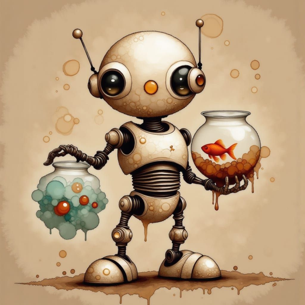 Cute Robot Holding a Fishbowl