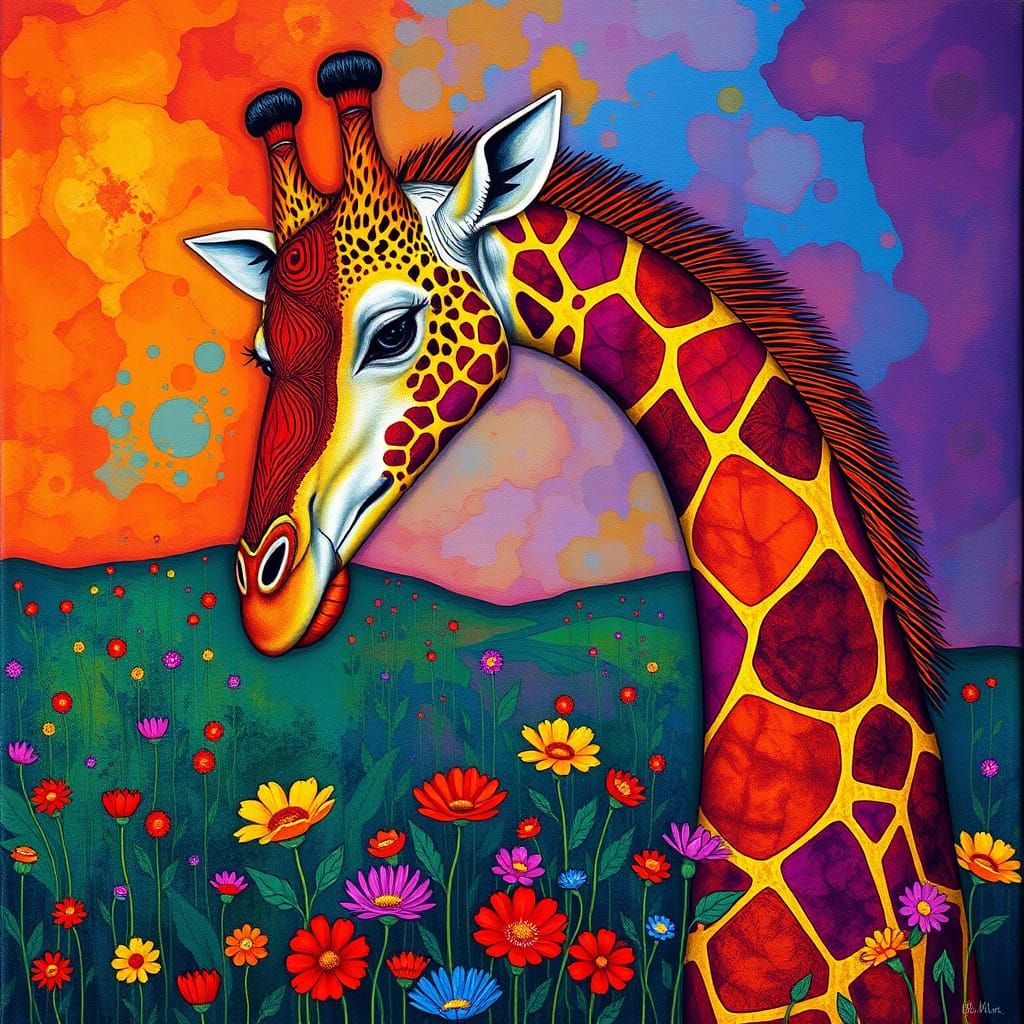 Batik Giraffe Eating Flowers in Lush Field