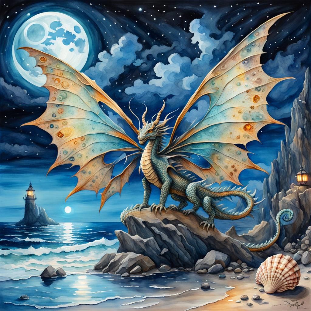 Dreamcore Teslapunk Dragon on Beach with Seashells
