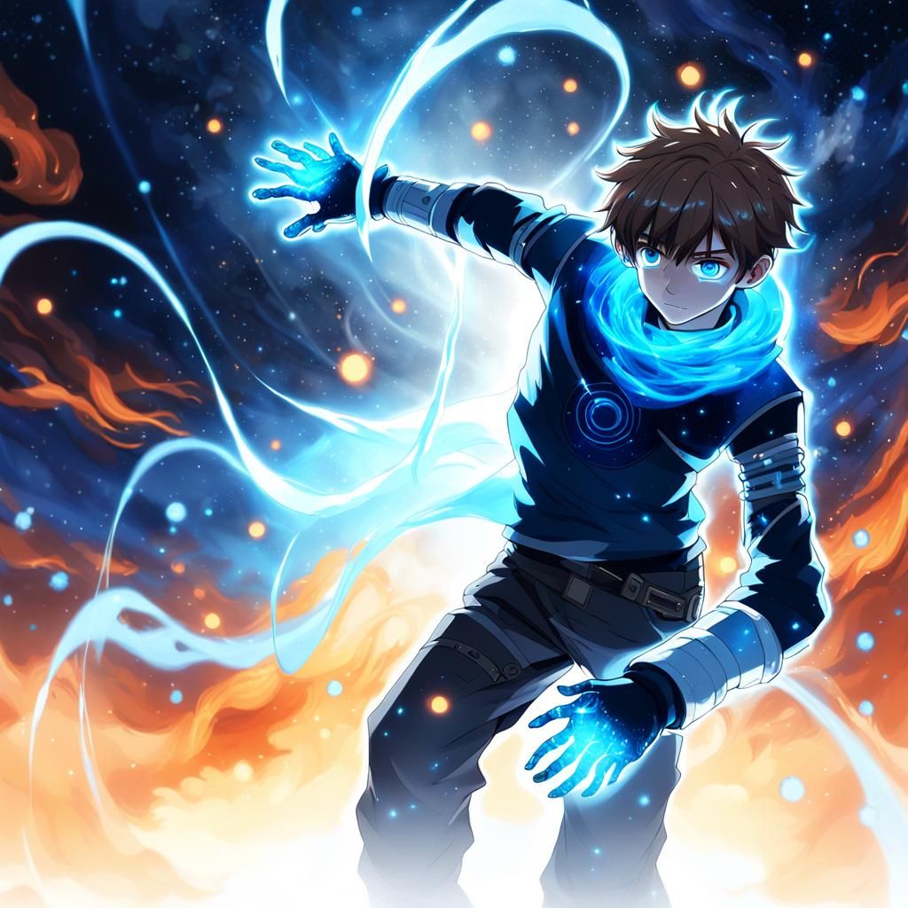 Fiery Icy Galaxy Boy in Sci-Fi Anime Style