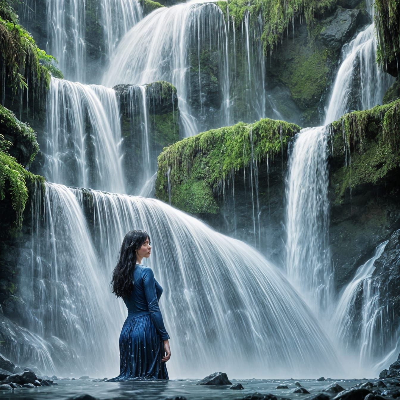 Amazon Waterfall at Night with Girl, Fauvist Style