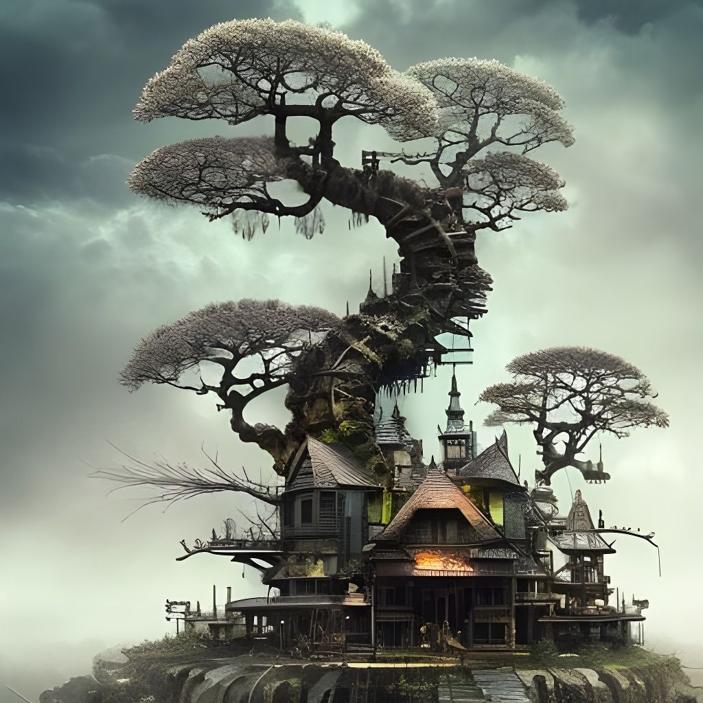Clockpunk Crystal Bonsai Village as Digital Painting