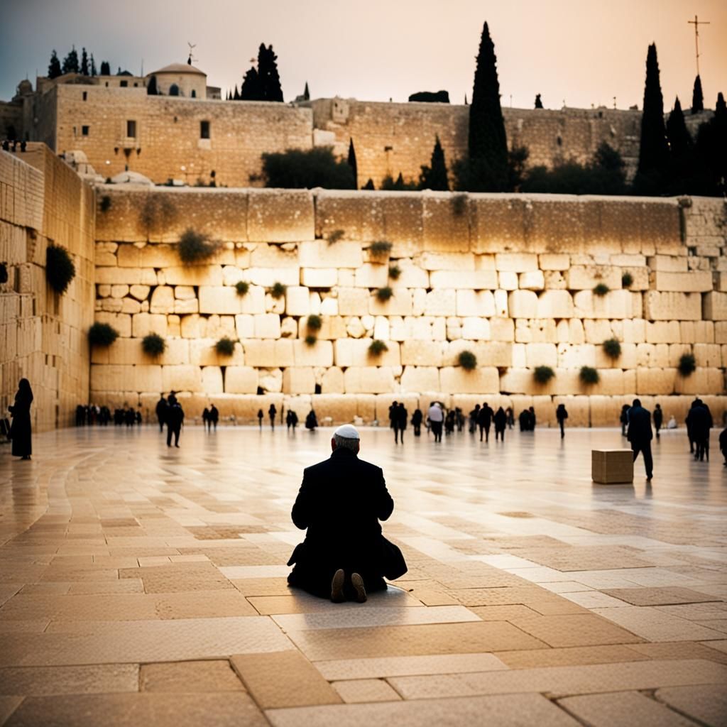 Person Praying at Western Wall in Sunlight