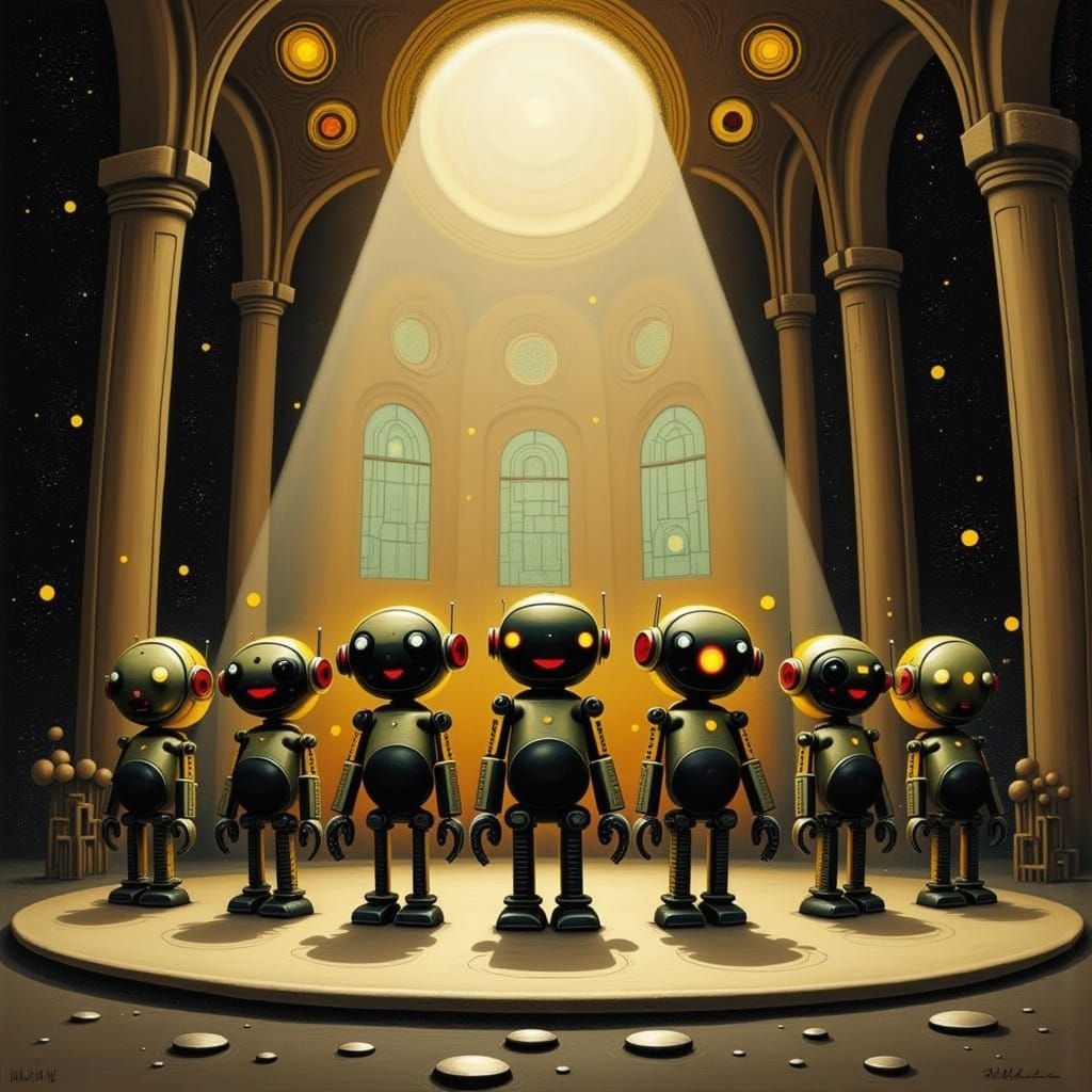 <lora:KILL-BOT 000:1.0> <lora:TOXICITY CITY:1.0> <lora:Contexture Abstract:1.0> Little robots sing in a choir