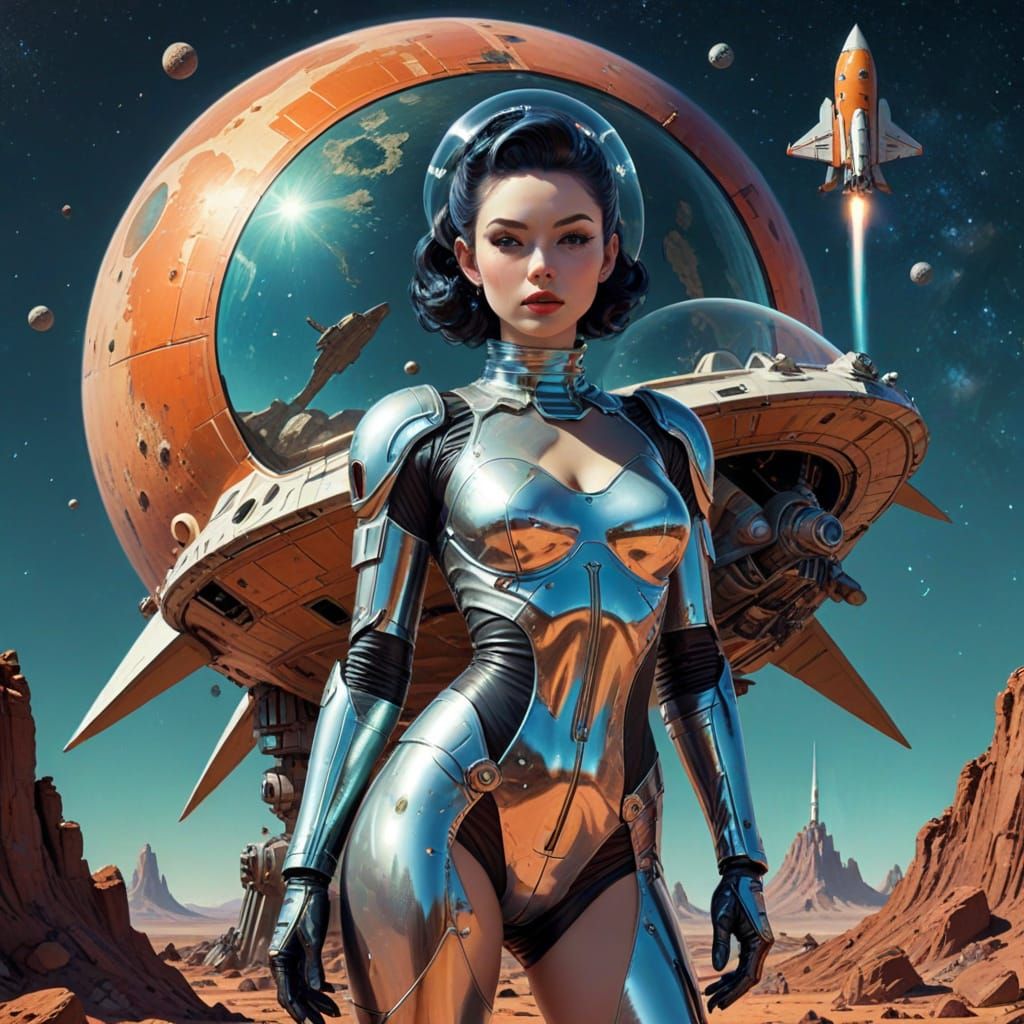 Retro Pinup Girl on Alien Moon with Rocket