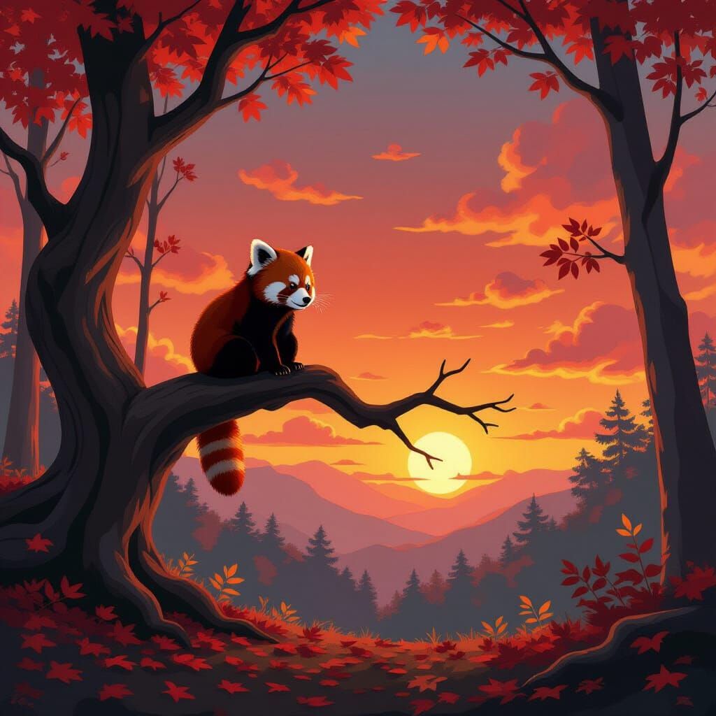 Red Panda Silhouetted Against Sunset in Ghibli Style