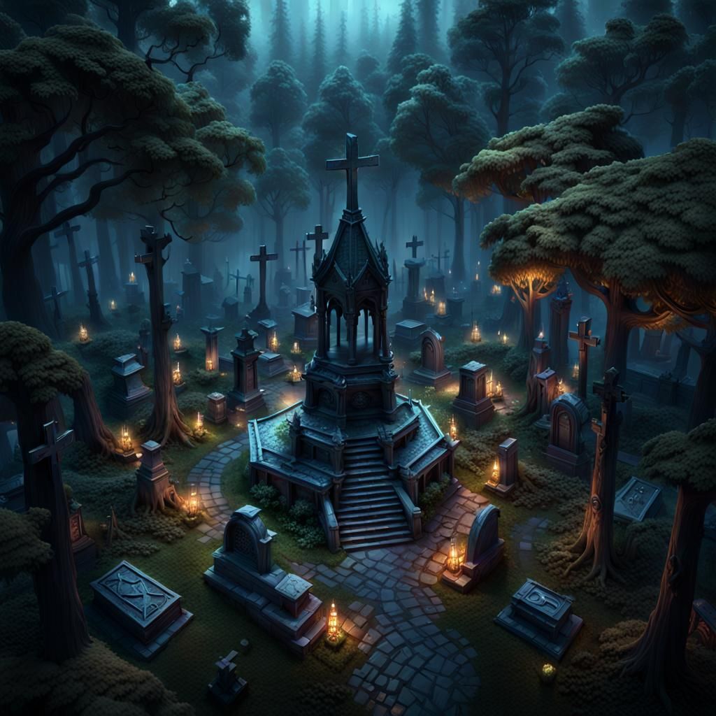 Fantasy Cemetery in Dark Forest, Detailed Digital Art