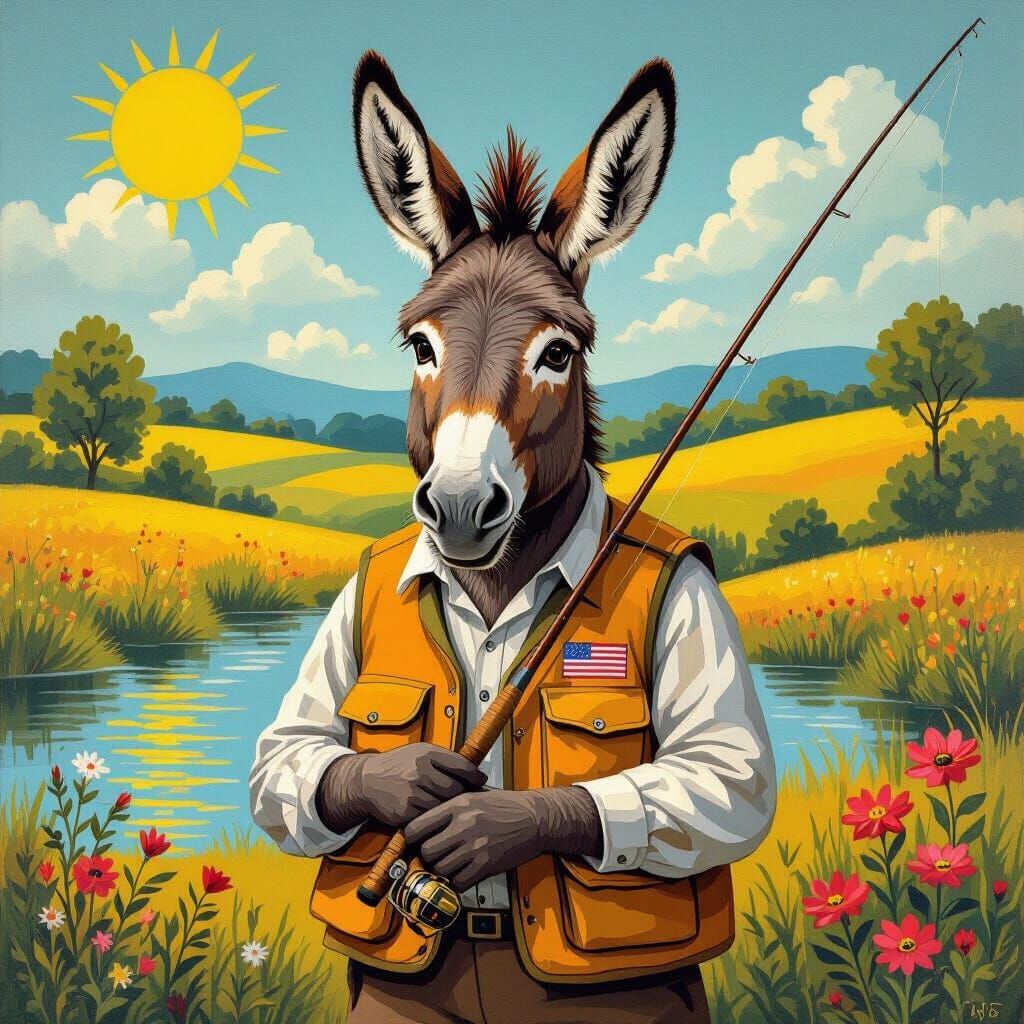 Donkey Angling in Naive Impressionist Style