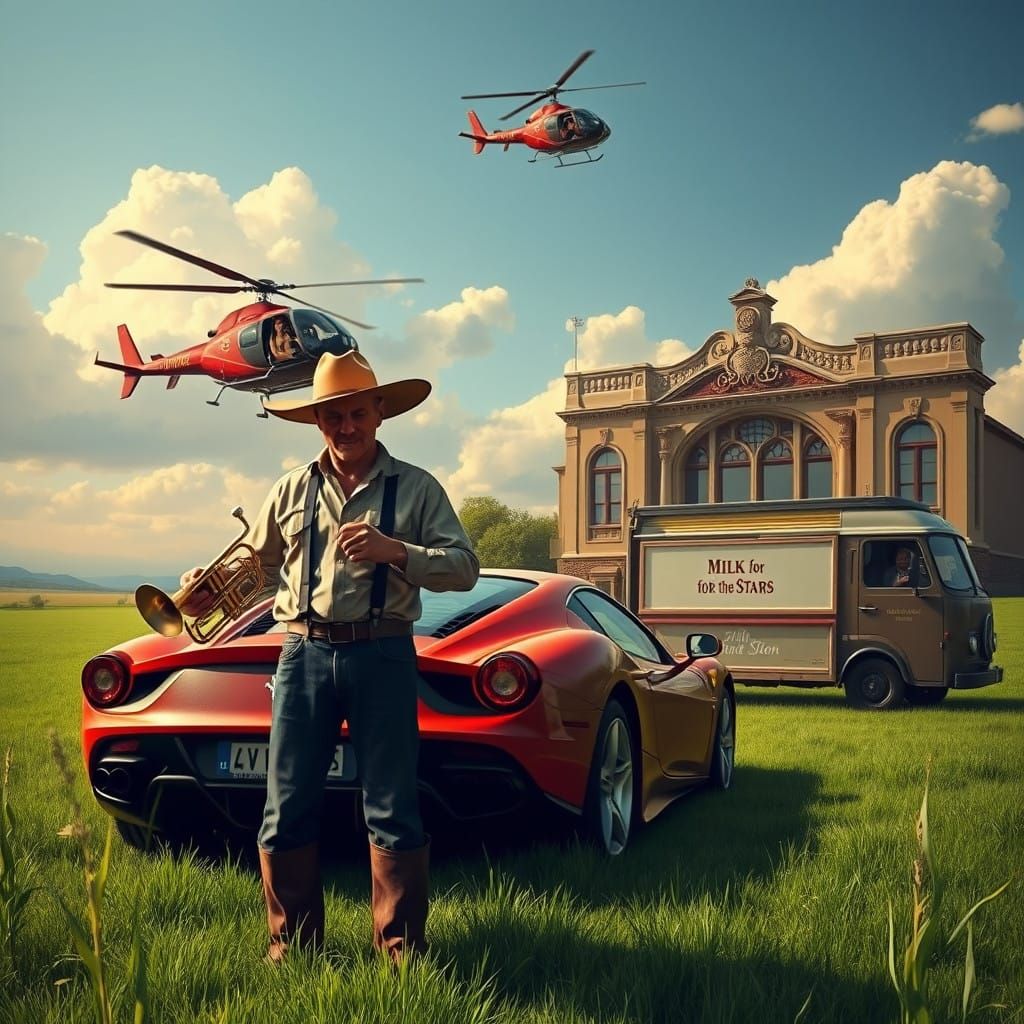 Magritte-Inspired Dreamscape with Farmer, Ferrari, and Whims...