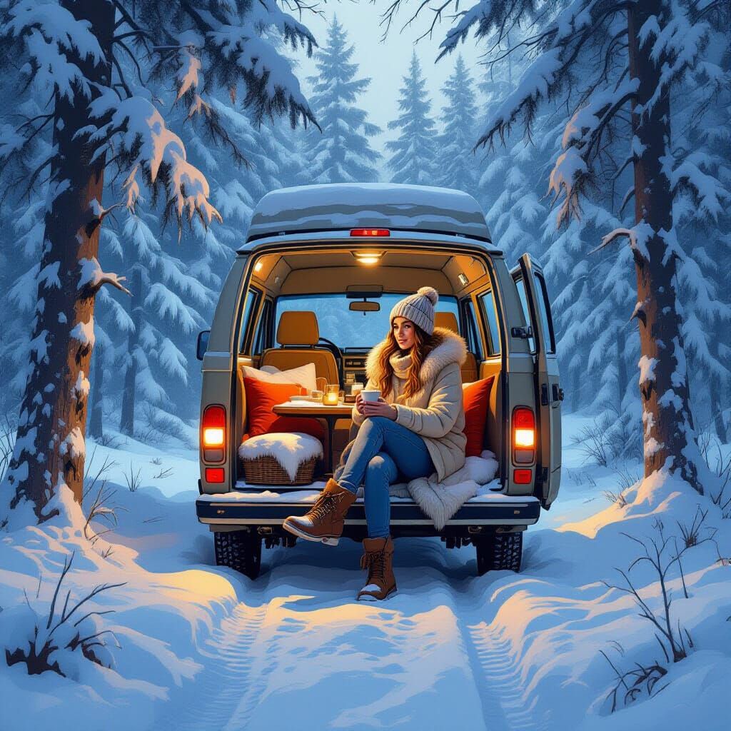 Cozy Van Life in Snowy Woods, Rustic Atmospheric Style