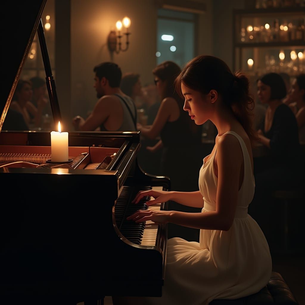 Candlelit Piano Melancholy in Dimly Lit Bar