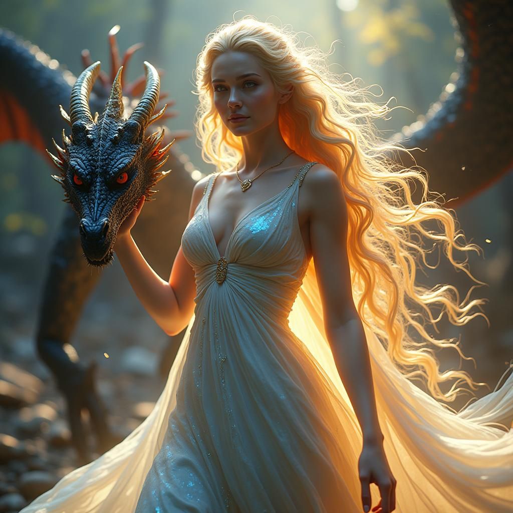 Goddess and Dragon in a Mystical Landscape