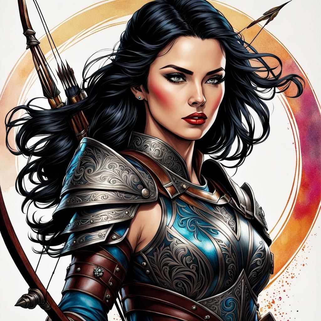 Elegant Dark Haired Woman Archer in Ink
