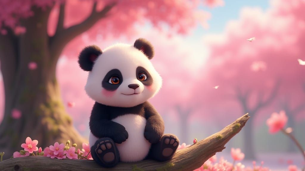 Anime Panda on Swing with Cherry Blossoms