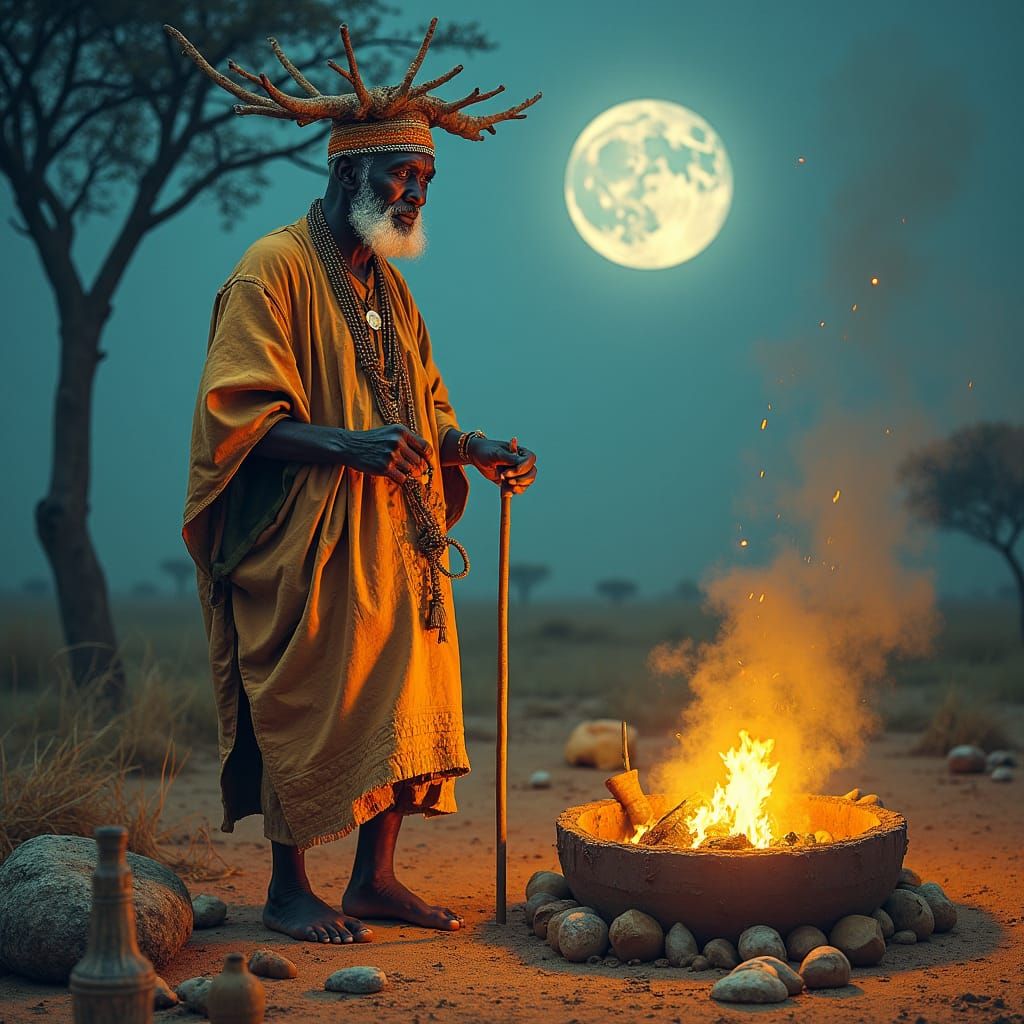 West African Shaman in Moonlit Savannah, Collage Art