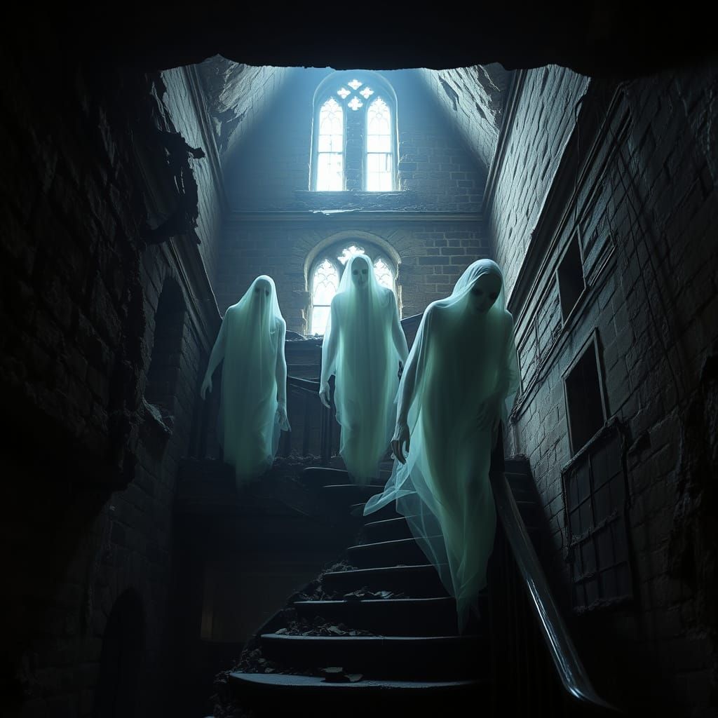 Spectral Ghouls Haunt Crumbling English Mansion in Dark, Got...