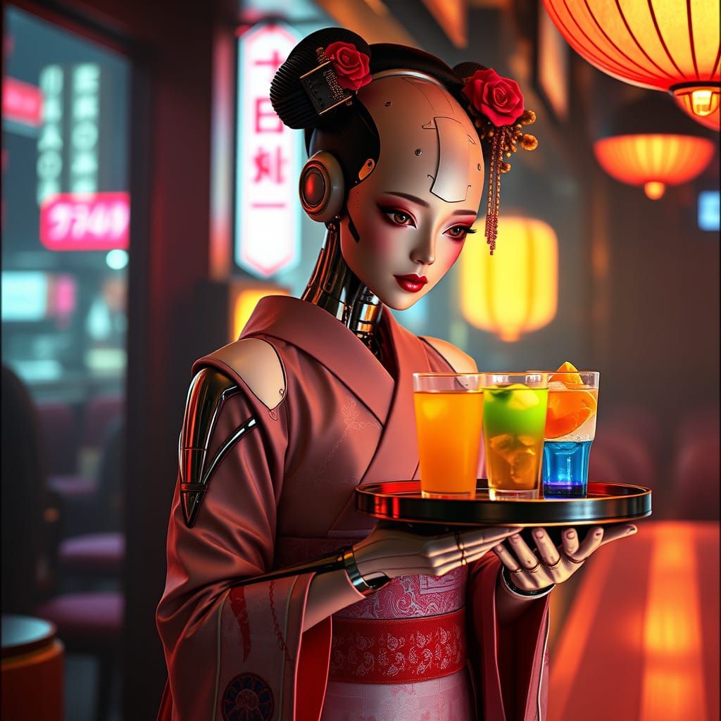 Android Geisha in Cyberpunk Dystopia
