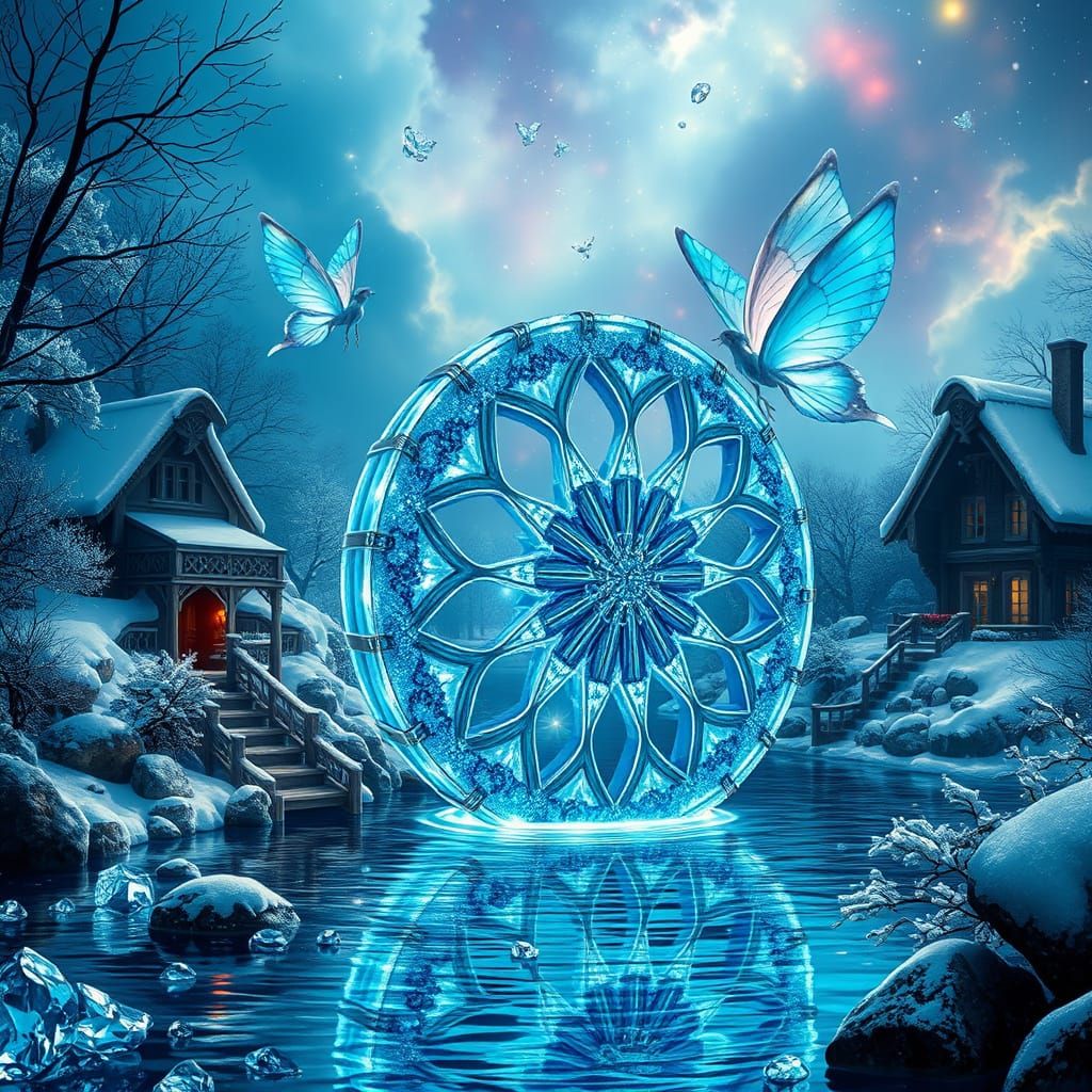 Crystal-Encrusted Waterwheel in a Serene Diamond Lake Scene
