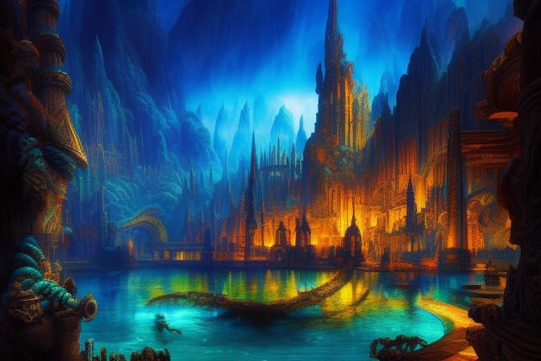 Detailed Atlantis Underwater City in Splash Art Style