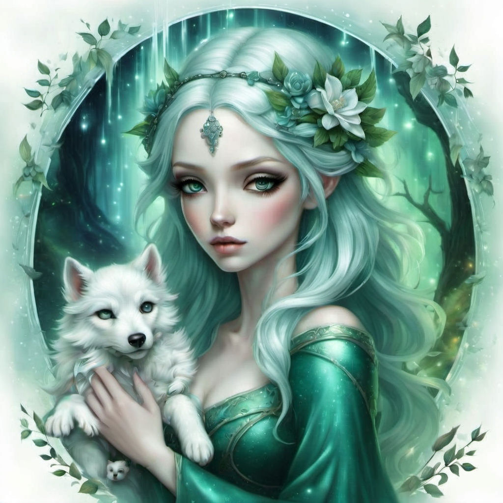 Elvish Maiden with Emerald Gown and White Wolf Cub in Fantas...