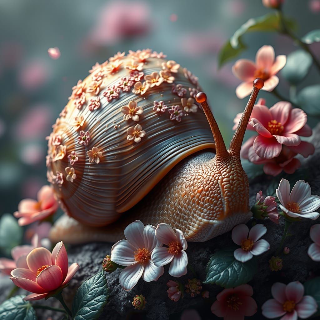 Fantastical Snail in Vibrant Floral Bloom
