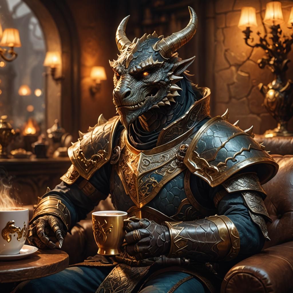 Dragonborn Sipping Coffee: Fantasy Portrait in Warm Light