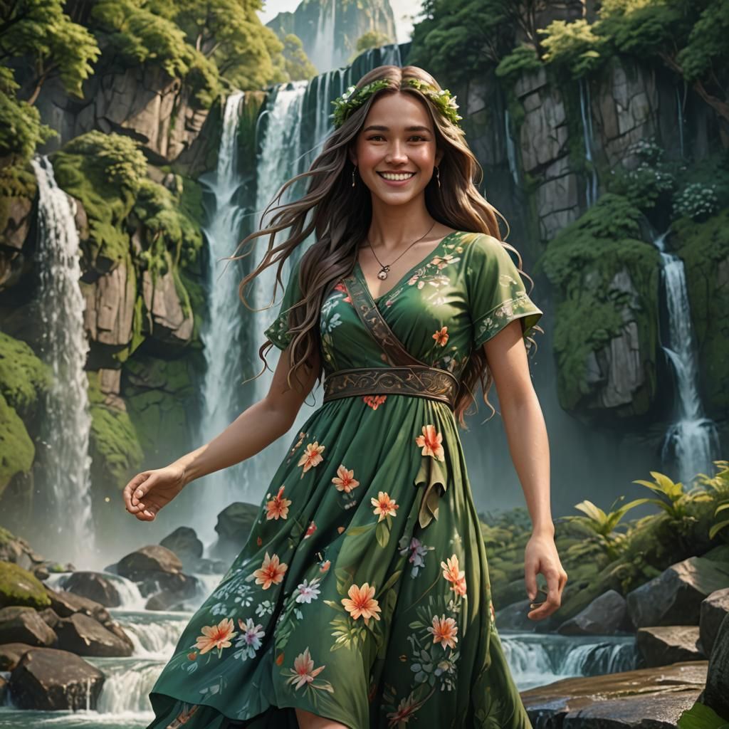 Smiling Girl in Floral Dress with Waterfall
