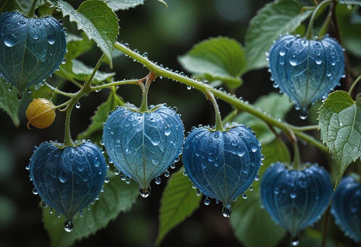 Close-Up Photograph of Blue Lanternberries with Dew Drops