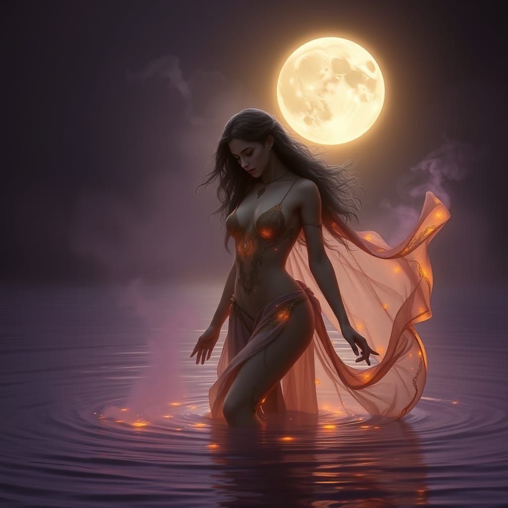 Ethereal Nymph Emerge from Moonlit Lake in Art Nouveau Style