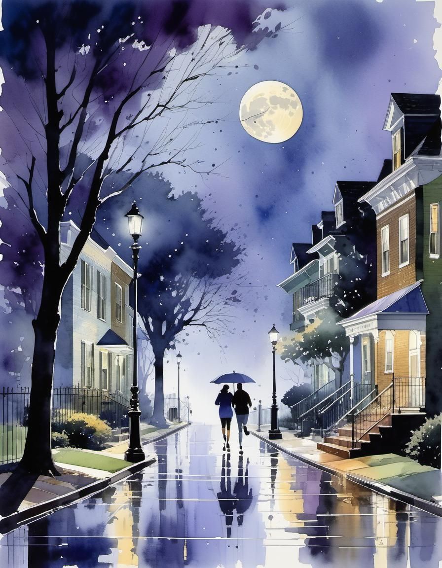 in a neighborhood a teenage couple running down a sidewalk l...