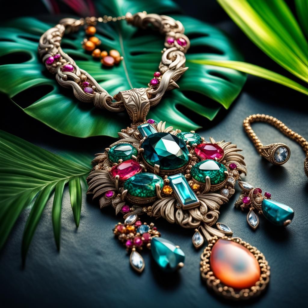 Tropical Jewelry with Gems in Hyperrealistic Detail