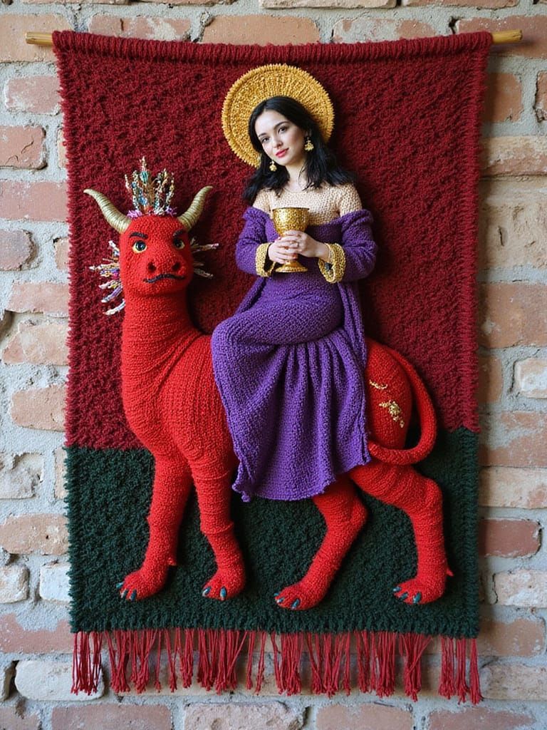 Apocalyptic Folk Art Macramé Wallhanging "Scarlet Woman"