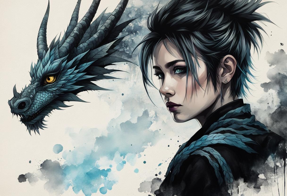 Gothic Punk Girl Portrait with Dragon Ink Smoke