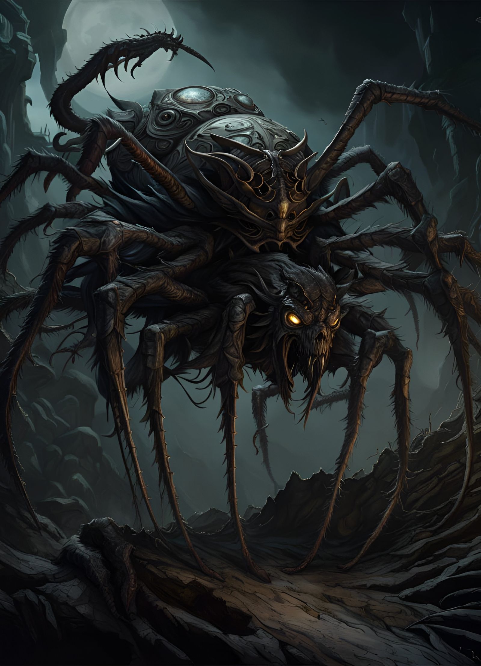 Necromancer Rides Spider in Zombiecore Ecological Horror