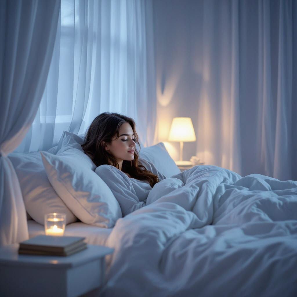 Cozy Bedroom Scene in Soft White and Blue Tones