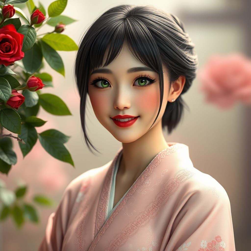 Glamorous Japanese Girl in Pastel Kimono with Cherry Blossom...