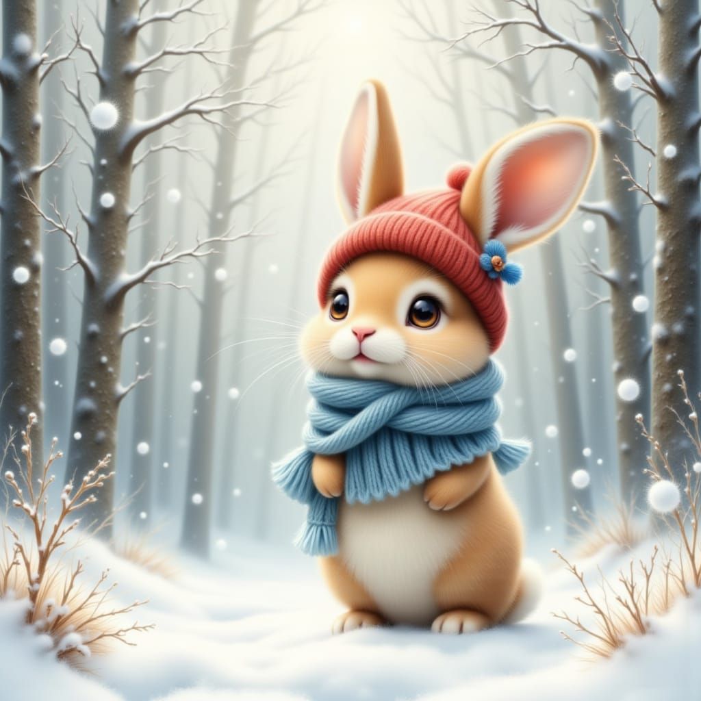 Adorable Bunny in Snowy Forest Illustration