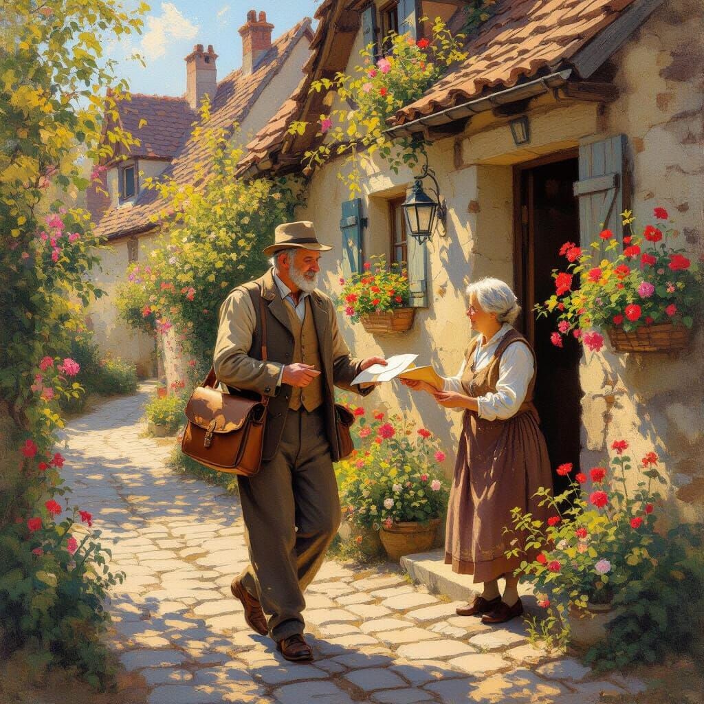 Postman Delivers Mail in Sun-Drenched Village Scene