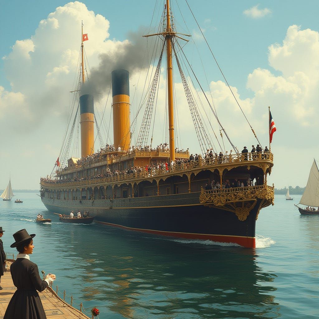 Majestic Steamship on Serene Lake, Impressionist Style