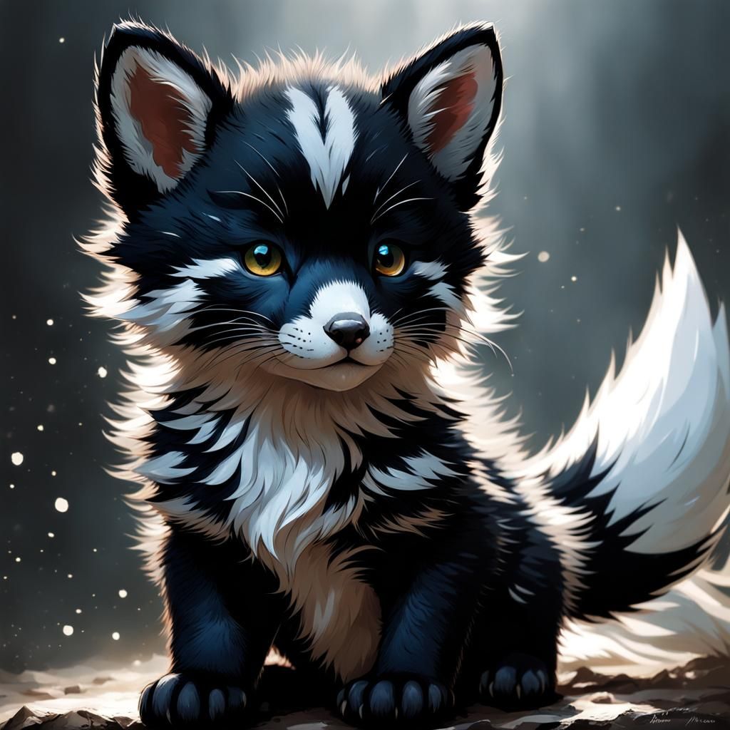 Mystical Black Fox Pup with White Stripes