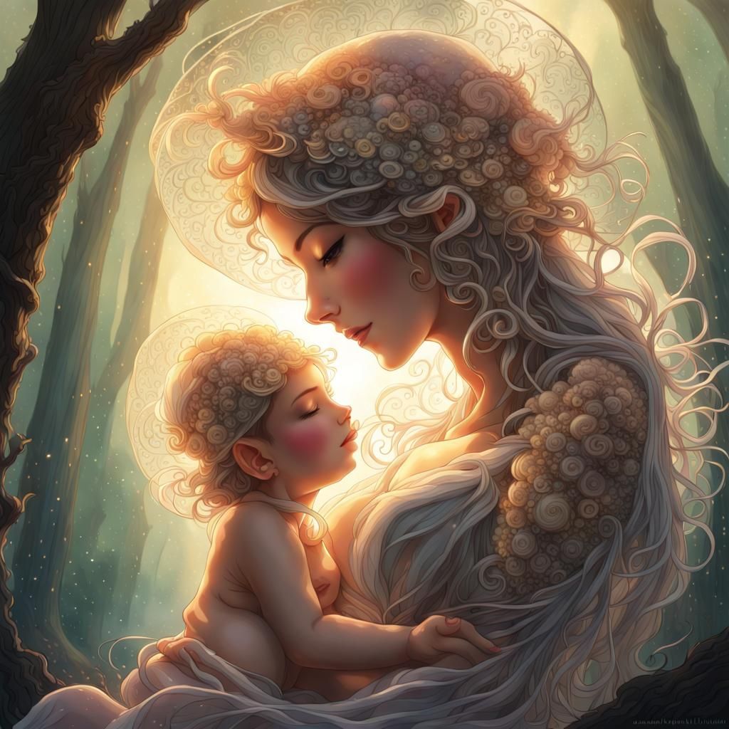 Mother and Baby in Forest with Filigree Details
