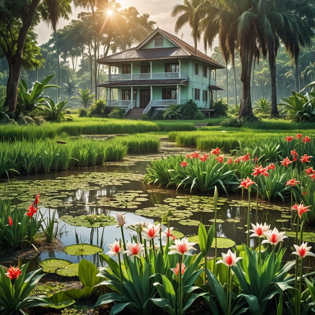 Hyperrealistic Swamp Landscape with Lotus Flower