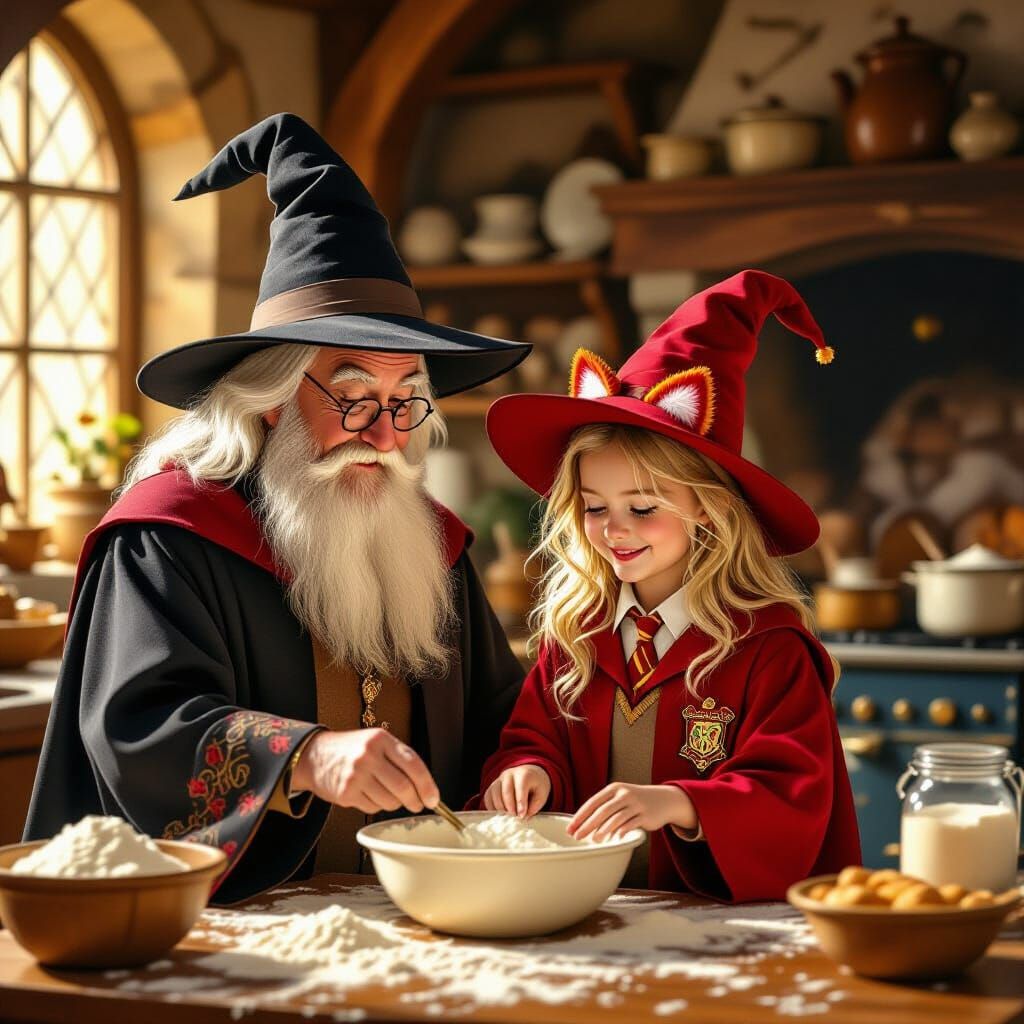 Wizard and Granddaughter Baking in a Magical Kitchen