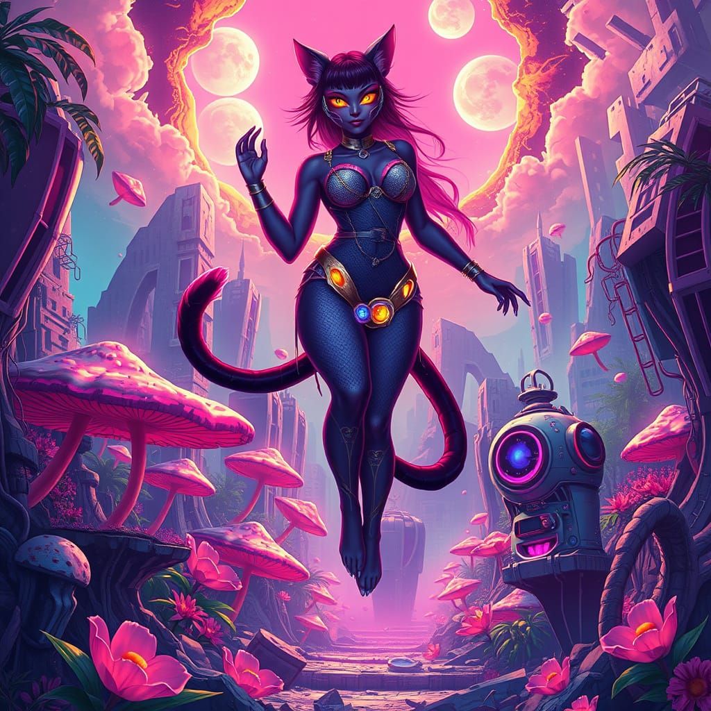Half-Cat Goddess Ascends in Neon Cyberpunk Jungle